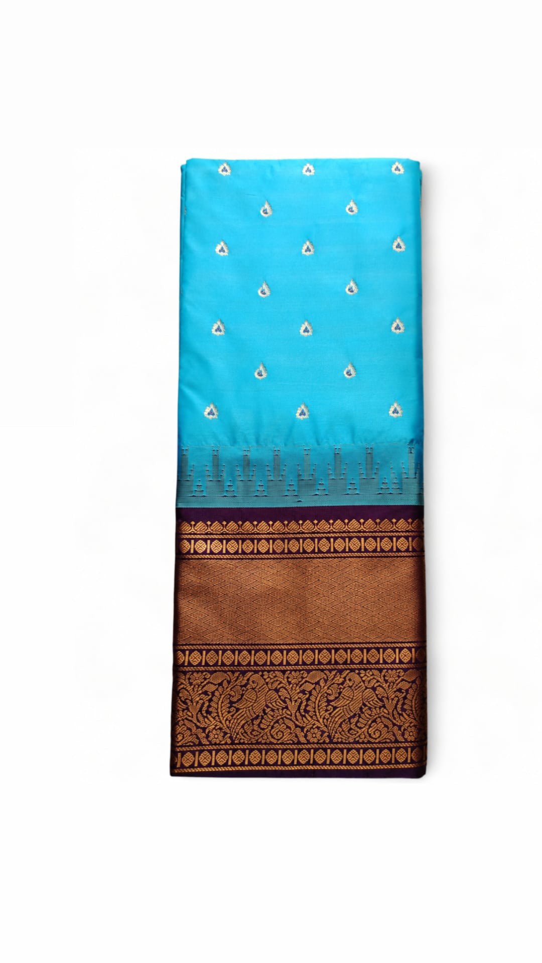 Turquoise Blue Gadwal semi pattu with Kanchi Border