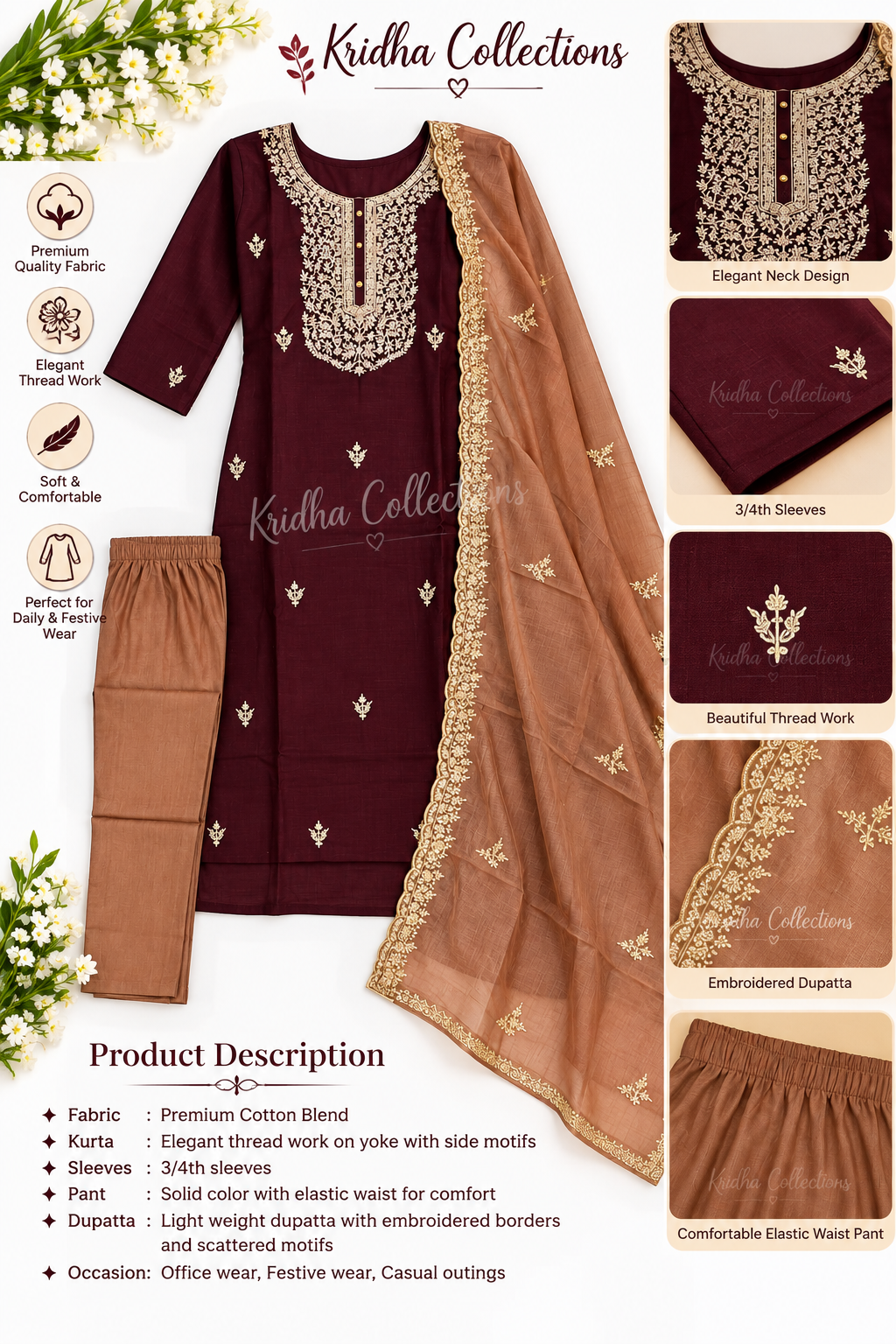 Brown 3pcs kurti